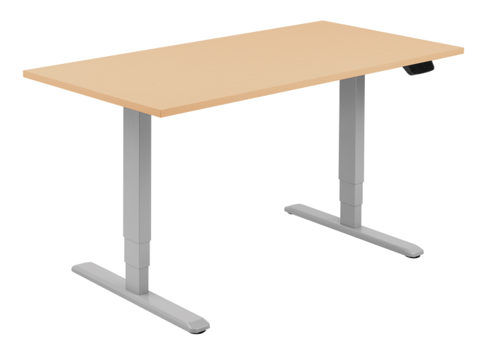 Height adjustable desk with beech top and silver frame. Electrically operated, ideal for working from home