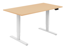 Load image into Gallery viewer, Height adjustable desk with beech top and white frame. Electrically operated, ideal for working from home
