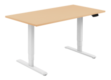 Load image into Gallery viewer, Height adjustable desk with beech top and white frame. Electrically operated, ideal for working from home