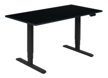 Load image into Gallery viewer, Height adjustable desk with black top and black frame. Electrically operated, ideal for working from home
