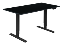 Load image into Gallery viewer, Height adjustable desk with black top and black frame. Electrically operated, ideal for working from home