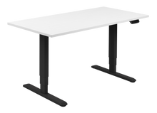 Load image into Gallery viewer, Height adjustable desk with white top and black frame. Electrically operated, ideal for working from home
