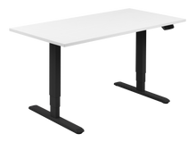 Load image into Gallery viewer, Height adjustable desk with white top and black frame. Electrically operated, ideal for working from home