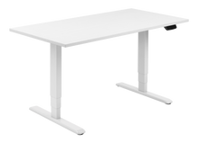 Load image into Gallery viewer, Height adjustable desk with white top and white frame. Electrically operated, ideal for working from home
