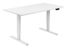 Load image into Gallery viewer, Height adjustable desk with white top and white frame. Electrically operated, ideal for working from home