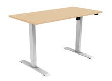 Load image into Gallery viewer, Height adjustable, sit stand desk with beech top and silver frame.
