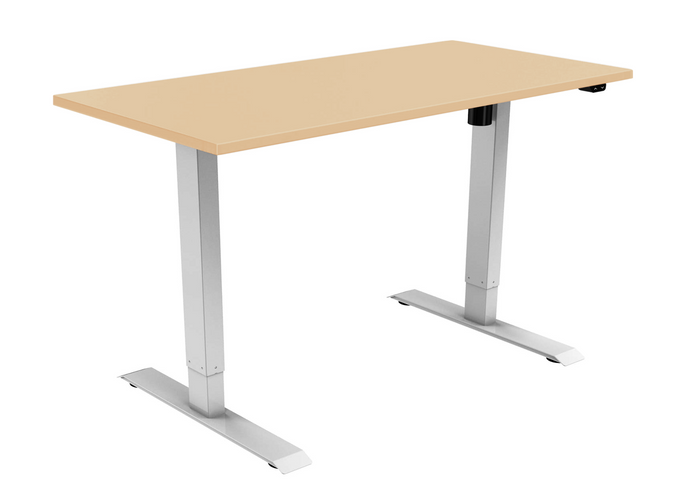 Height adjustable, sit stand desk with beech top and silver frame.