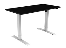 Load image into Gallery viewer, Height adjustable, sit stand desk with black top and silver frame.