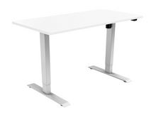 Load image into Gallery viewer, Height adjustable, sit stand desk with white top and silver frame.
