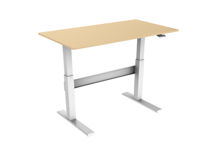 Height adjustable, sit stand desk with beech top and white frame.