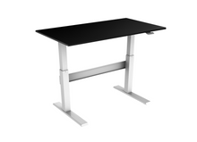 Load image into Gallery viewer, Height adjustable, sit stand desk with black top and white frame.