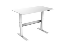 Load image into Gallery viewer, Height adjustable, sit stand desk with white top and white frame.
