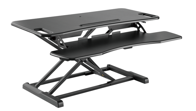 Height adjustable foldable desk converter in black, for desktop when working from home