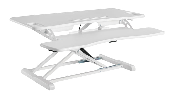 Height adjustable foldable desk converter in white, for desktop when working from home
